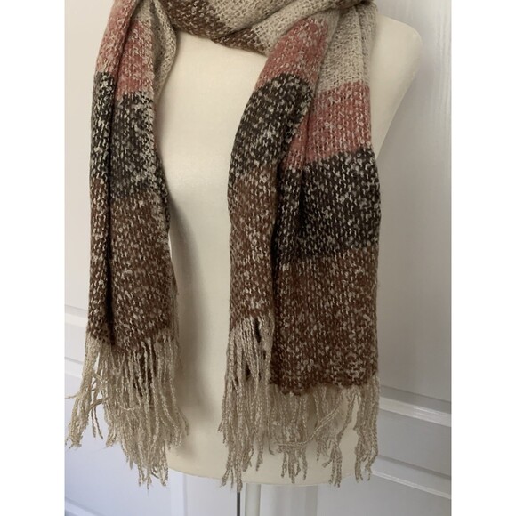 Boutique Womens Scarf Wrap Shawl Brown Dk Chocolate Mauve Beige 69 x 26 Fringe - Picture 2 of 8